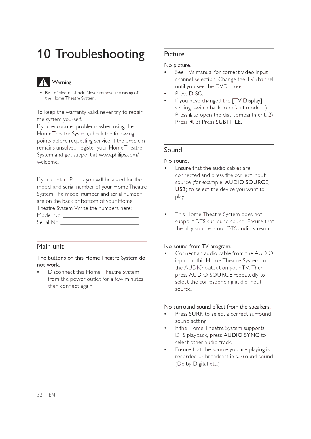 Philips HTS3019/12 user manual Troubleshooting, Picture, Sound, Serial No, No picture 
