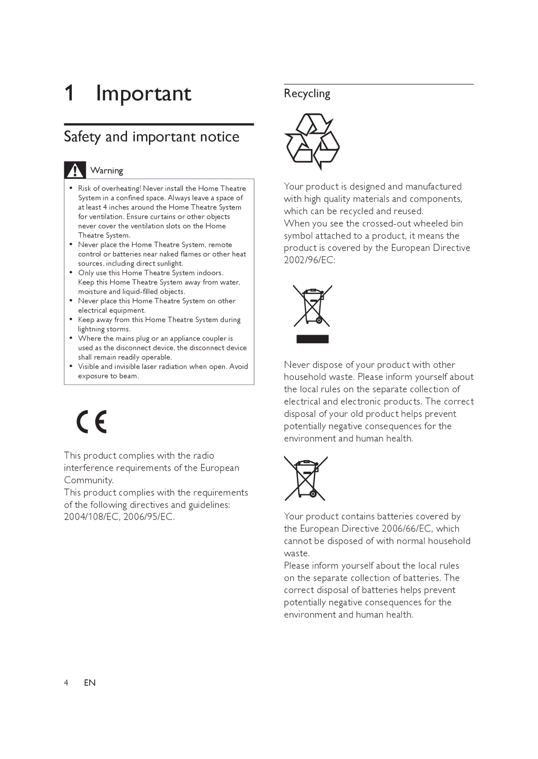 Philips HTS3019/12 user manual Safety and important notice, Recycling 