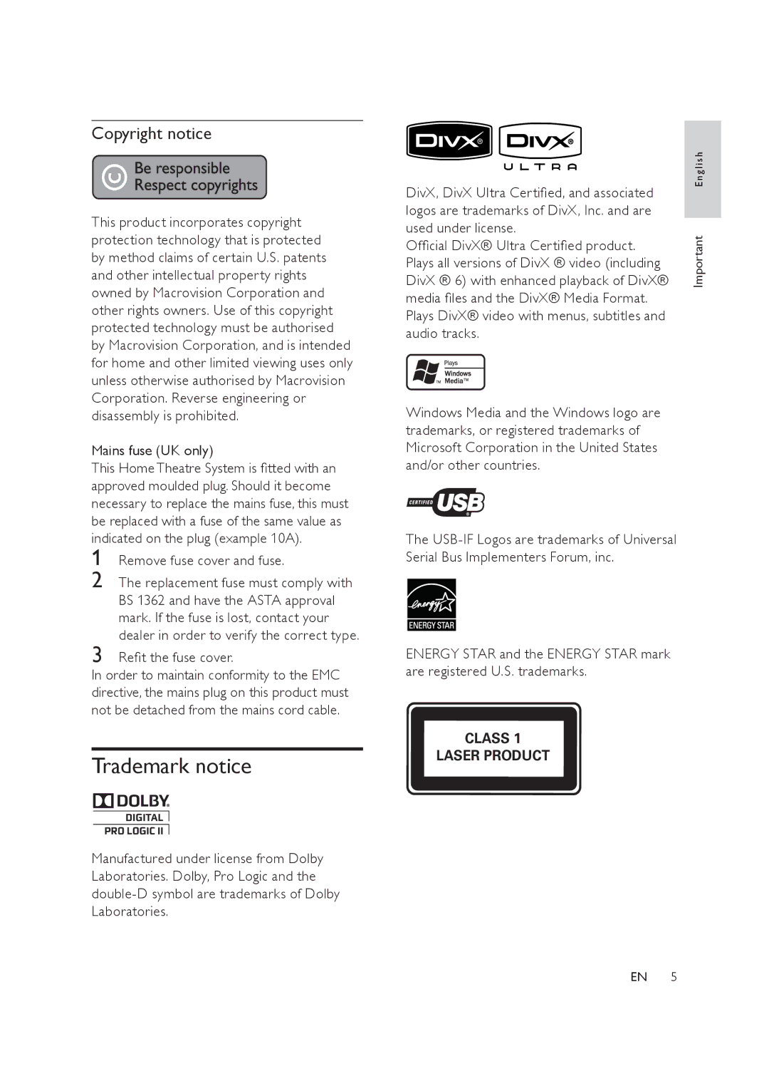 Philips HTS3019/12 user manual Trademark notice, Copyright notice 