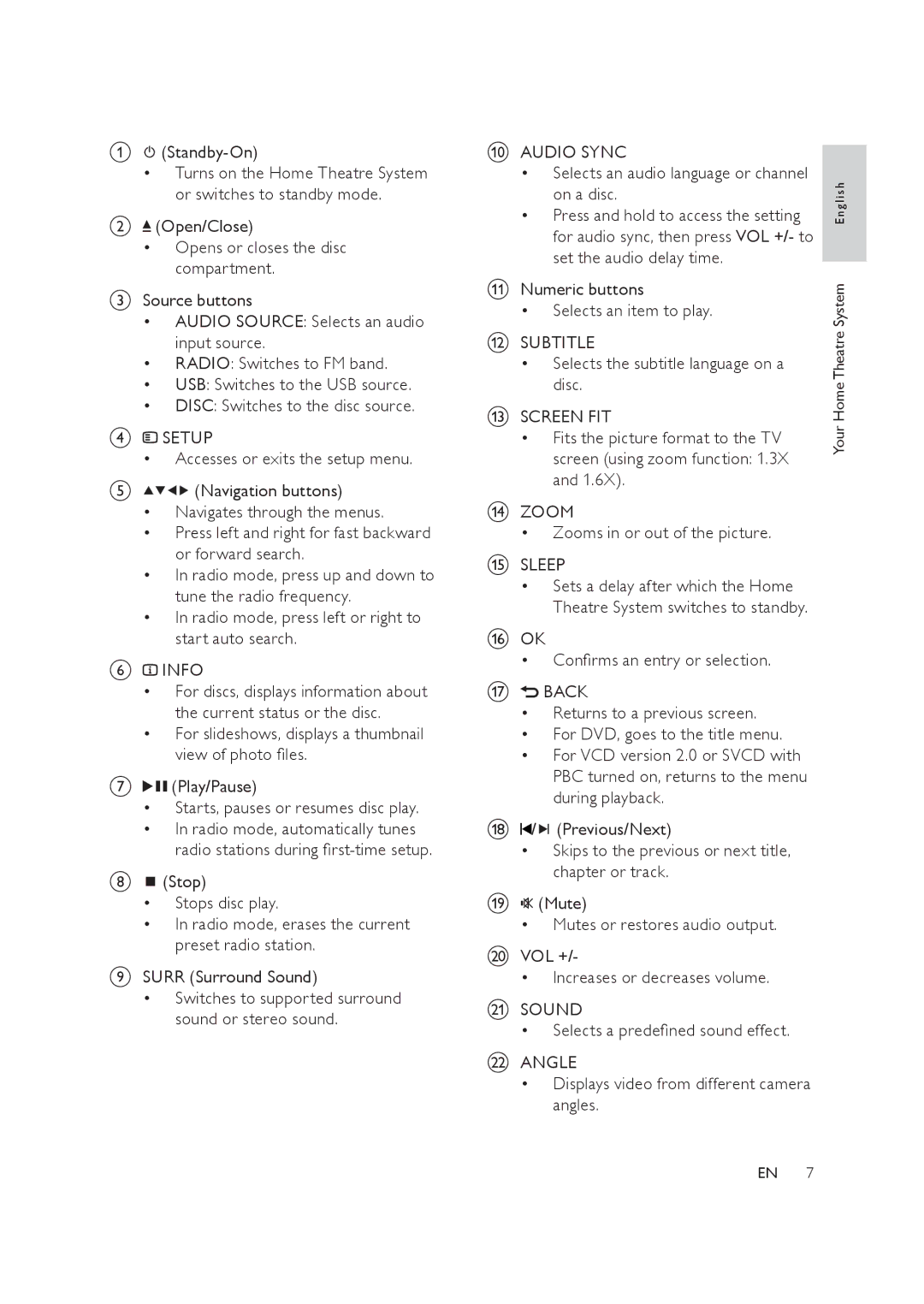 Philips HTS3019/12 user manual Standby-On, Audio Sync Selects an audio language or channel on a disc 