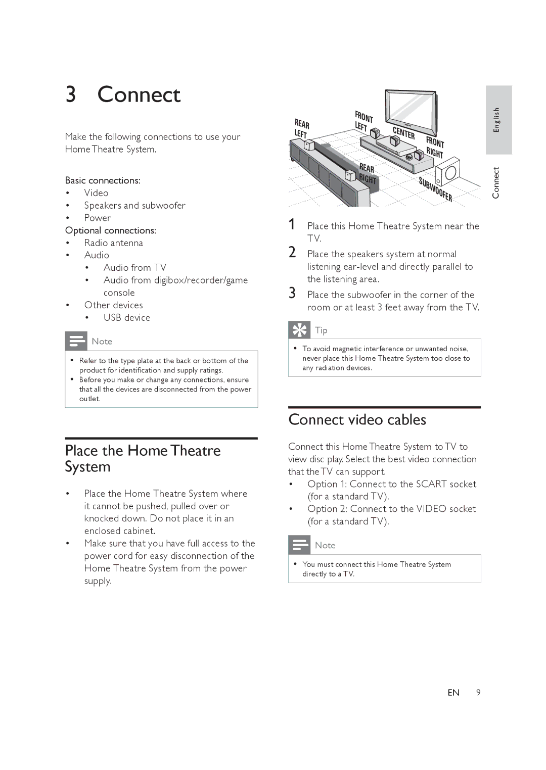 Philips HTS3019/12 user manual Place the Home Theatre System, Connect video cables 