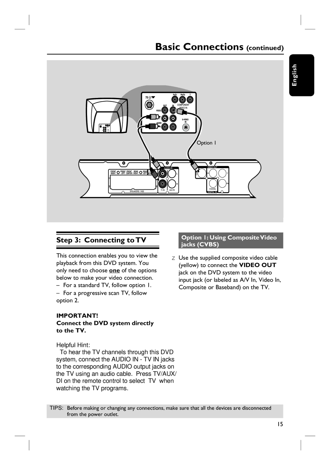 Philips HTS3090 Connecting to TV, Option 1 Using Composite Video jacks Cvbs, Connect the DVD system directly to the TV 