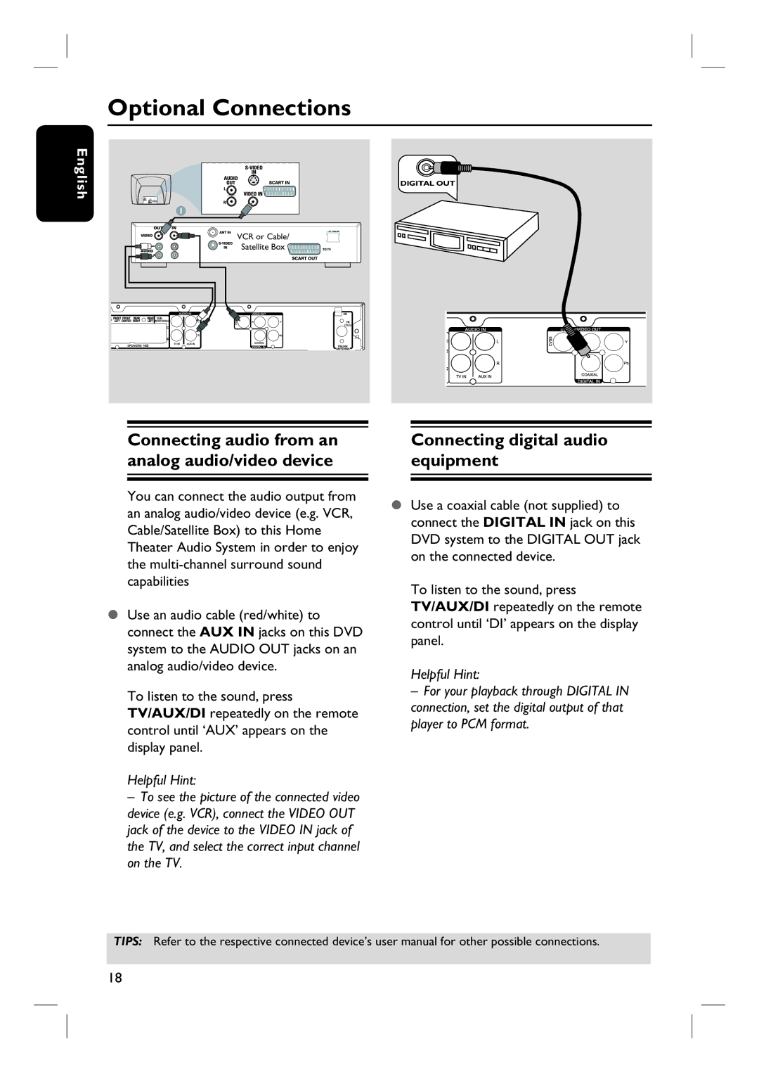 Philips HTS3090/98 user manual Optional Connections, Connecting digital audio equipment 