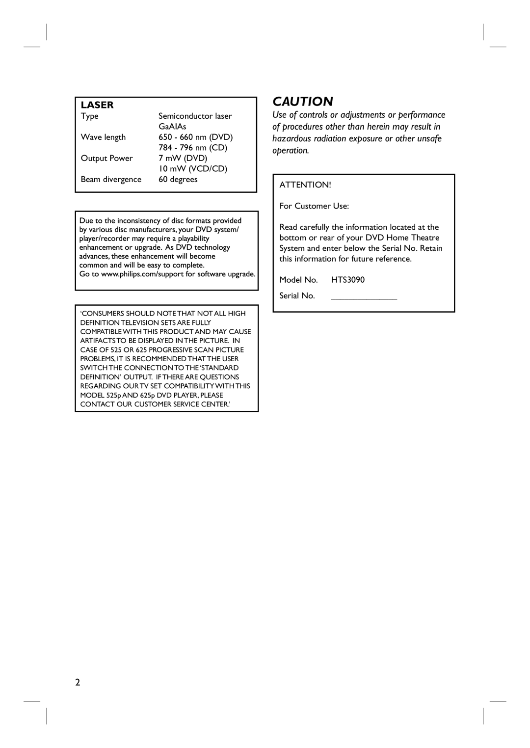 Philips HTS3090/98 user manual Laser, For Customer Use 