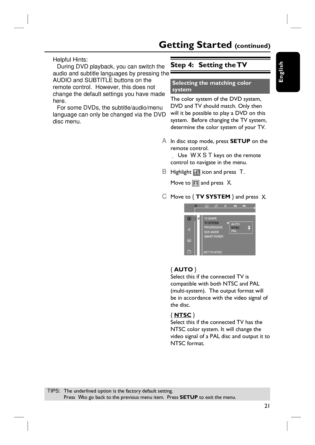 Philips HTS3090/98 user manual Setting the TV, Selecting the matching color system, Auto, Ntsc 