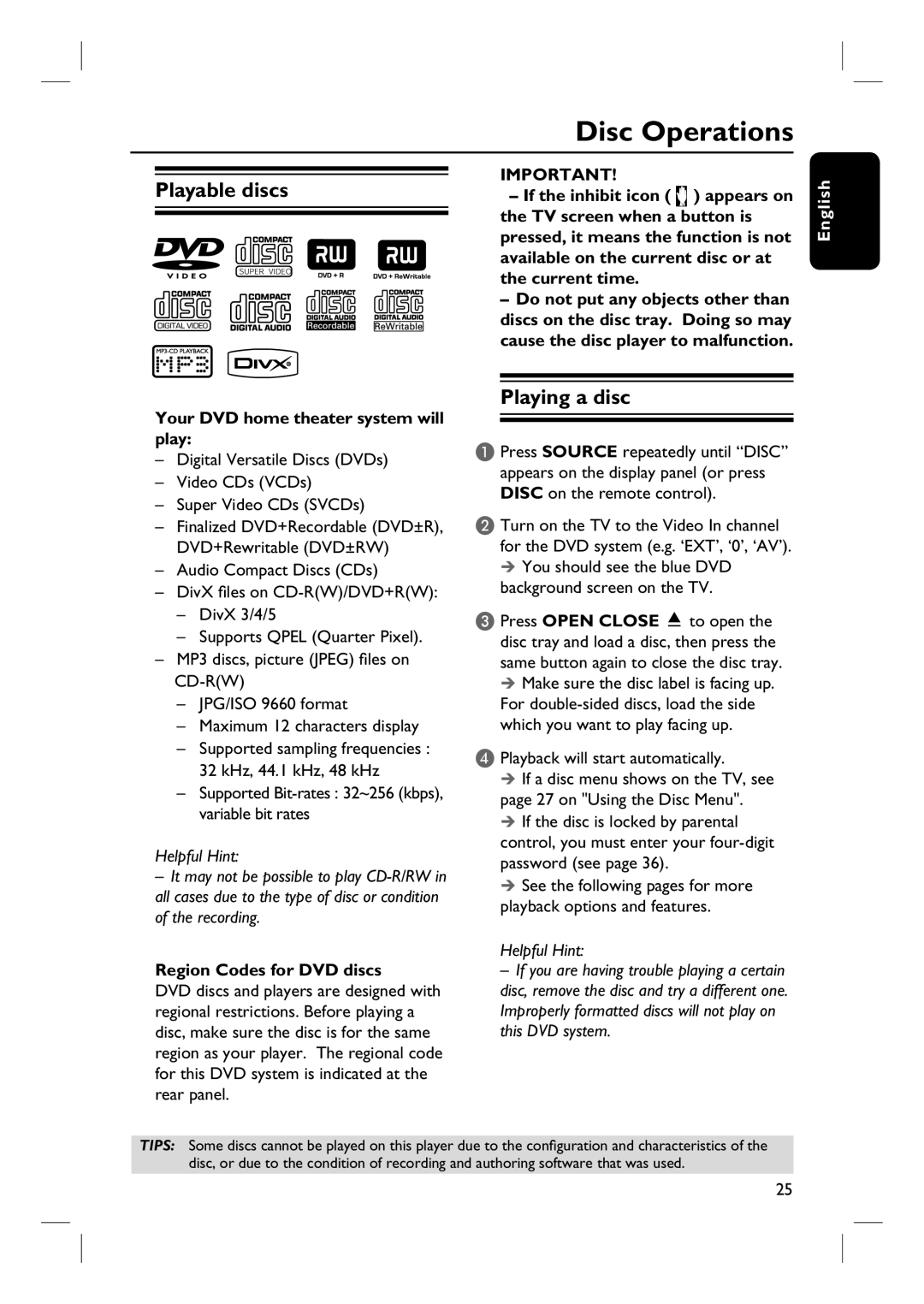 Philips HTS3090/98 user manual Disc Operations, Playable discs, Playing a disc 