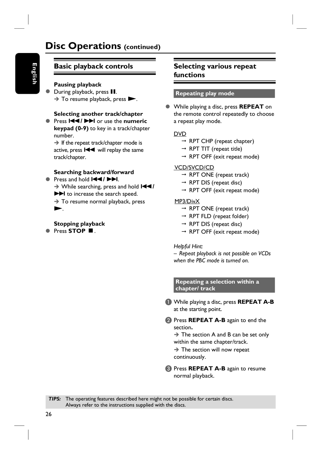 Philips HTS3090/98 user manual Basic playback controls, Selecting various repeat functions, Repeating play mode 