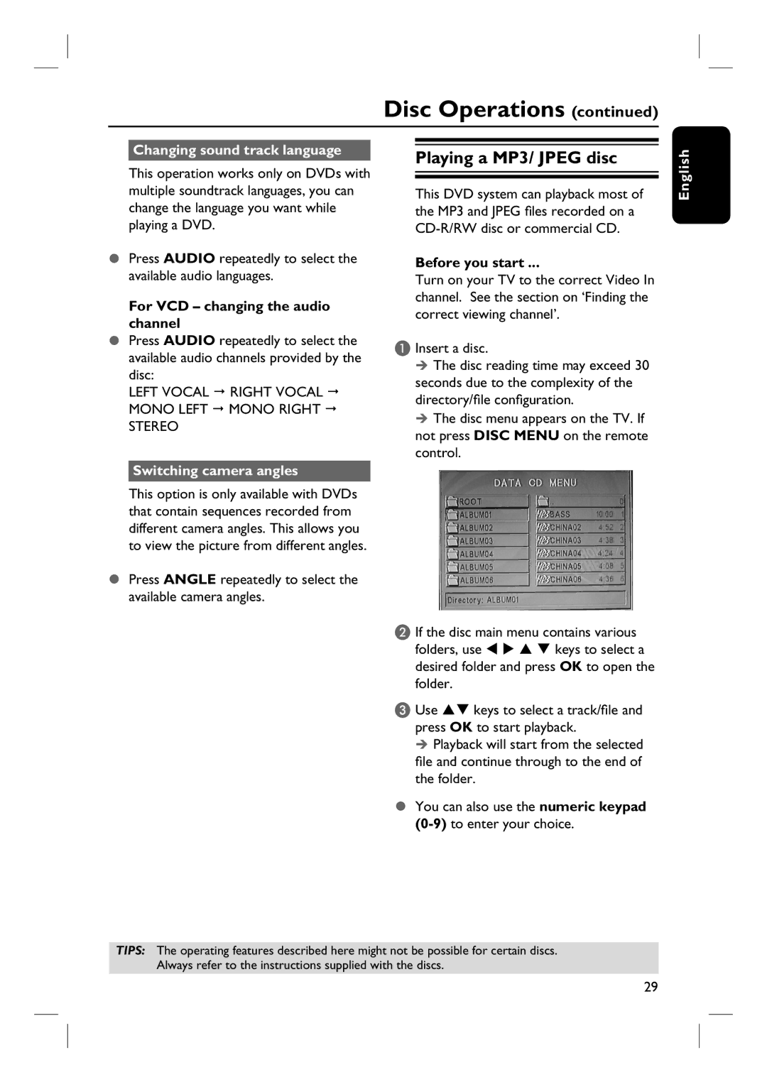 Philips HTS3090 Changing sound track language, For VCD changing the audio channel, Disc, Switching camera angles 