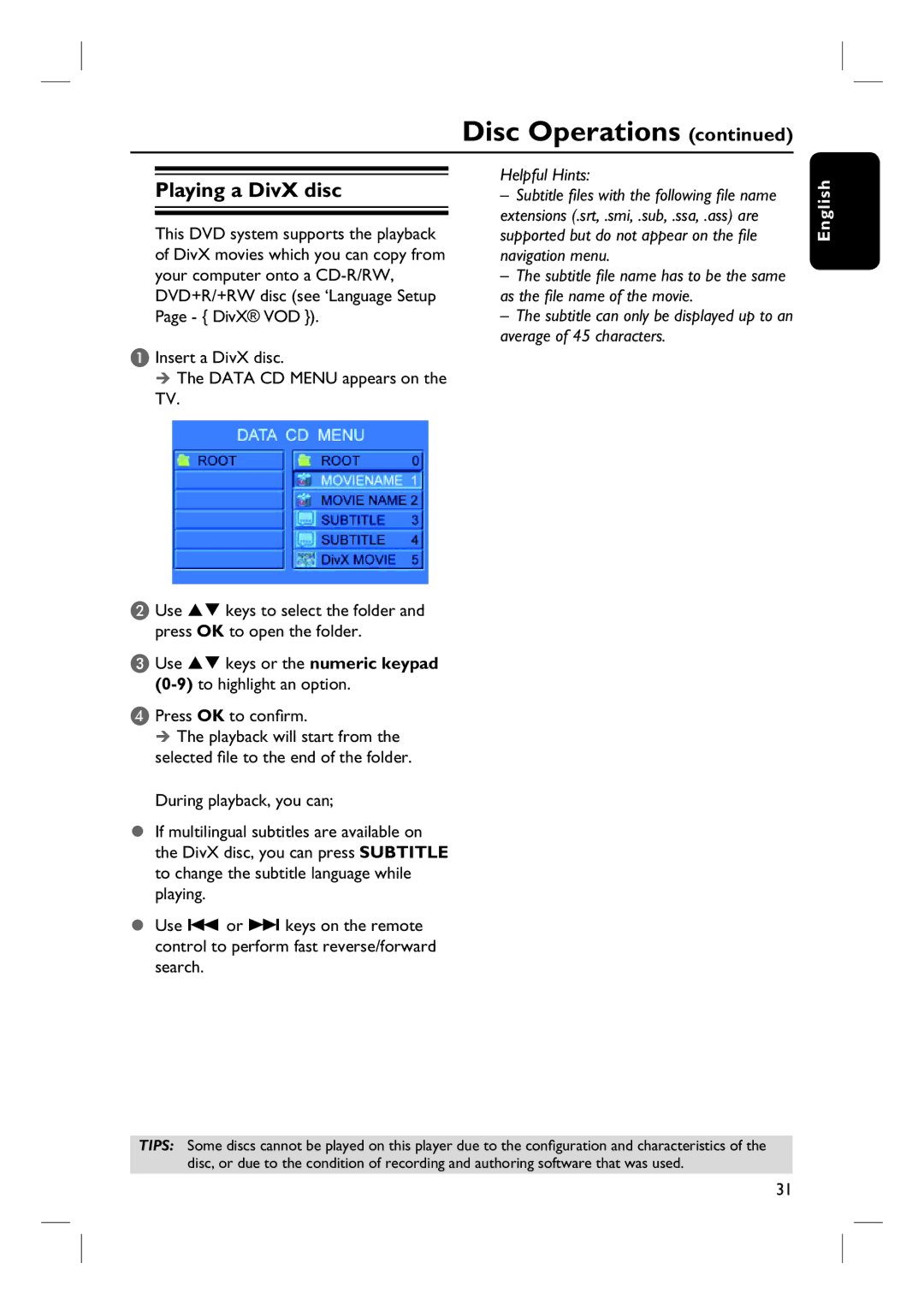 Philips HTS3090 Playing a DivX disc, Insert a DivX disc Data CD Menu appears on the TV Use, Press OK to open the folder 