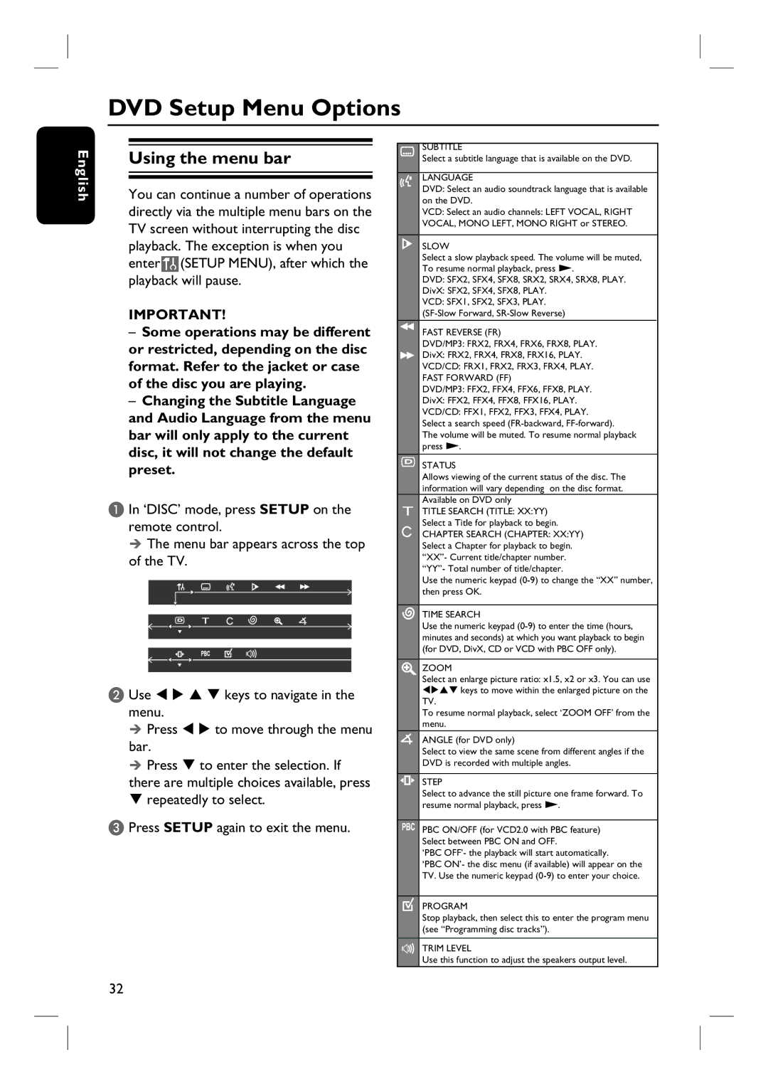 Philips HTS3090/98 user manual DVD Setup Menu Options, Using the menu bar 