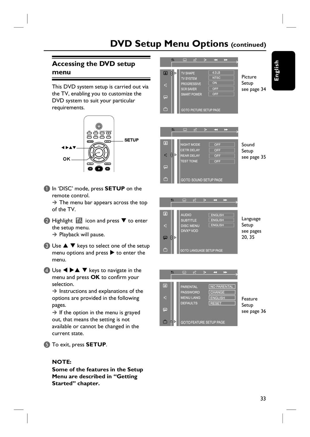 Philips HTS3090/98 user manual Accessing the DVD setup Menu, Menu options and press to enter 