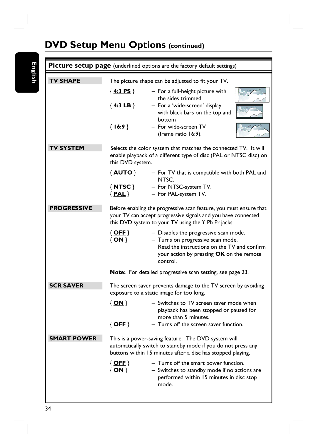 Philips HTS3090/98 user manual TV Shape, 43 LB, TV System, SCR Saver, Off 