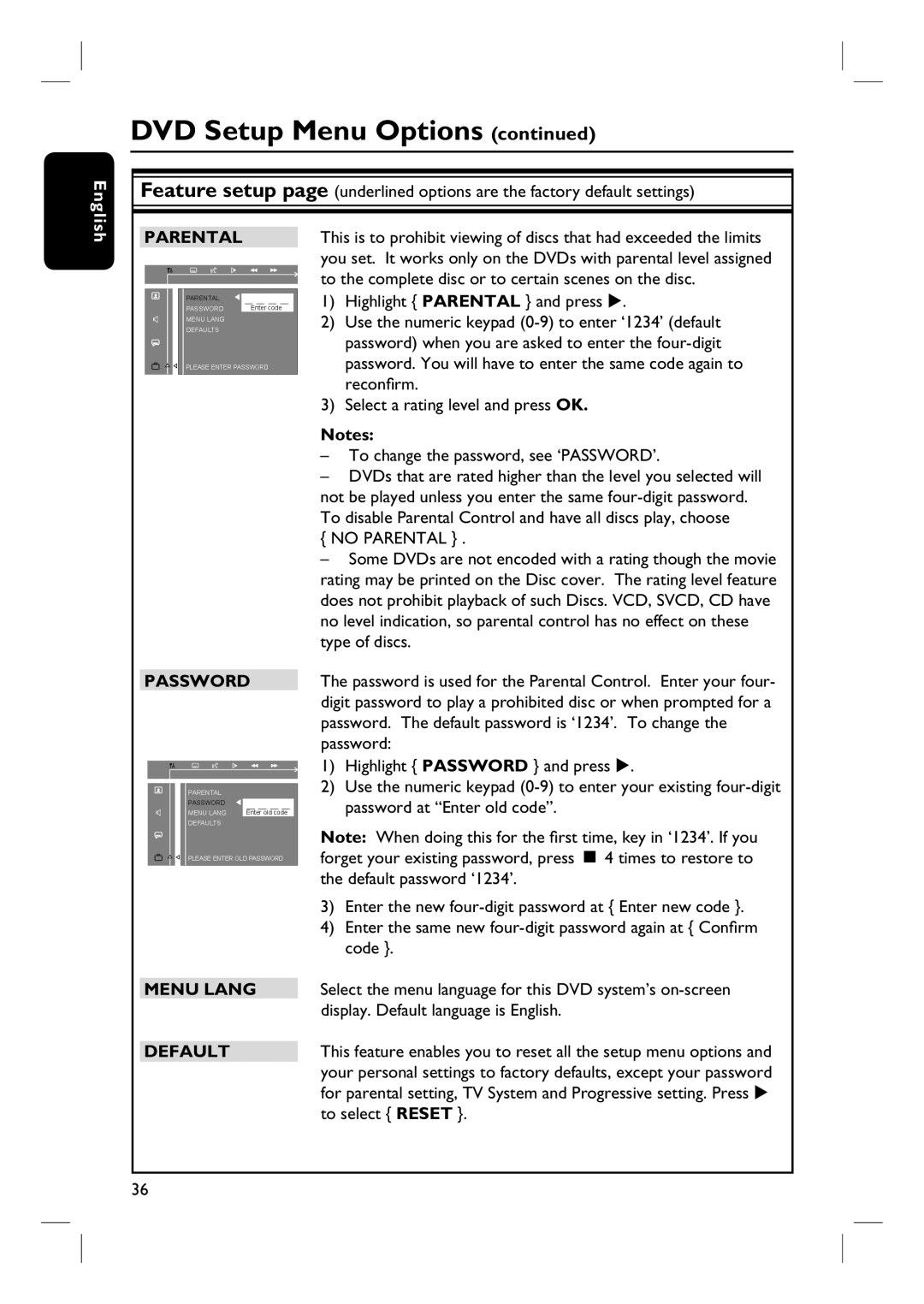 Philips HTS3090/98 user manual Parental, Password, Menu Lang Default 