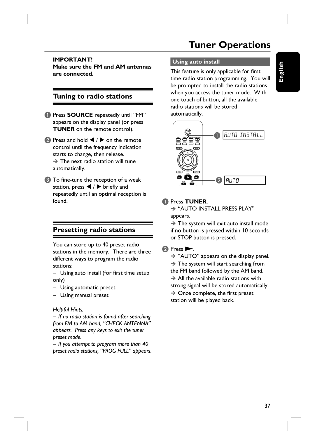 Philips HTS3090/98 user manual Tuner Operations, Tuning to radio stations, Presetting radio stations, Using auto install 