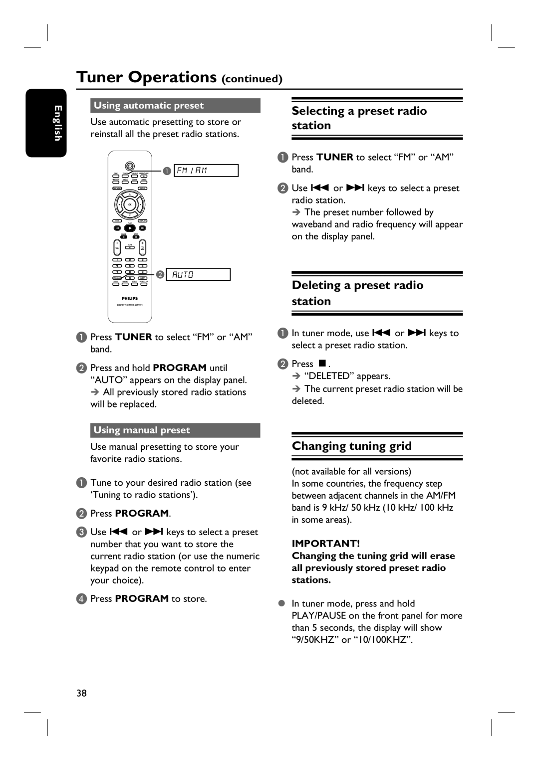 Philips HTS3090/98 user manual Selecting a preset radio station, Deleting a preset radio station, Changing tuning grid 