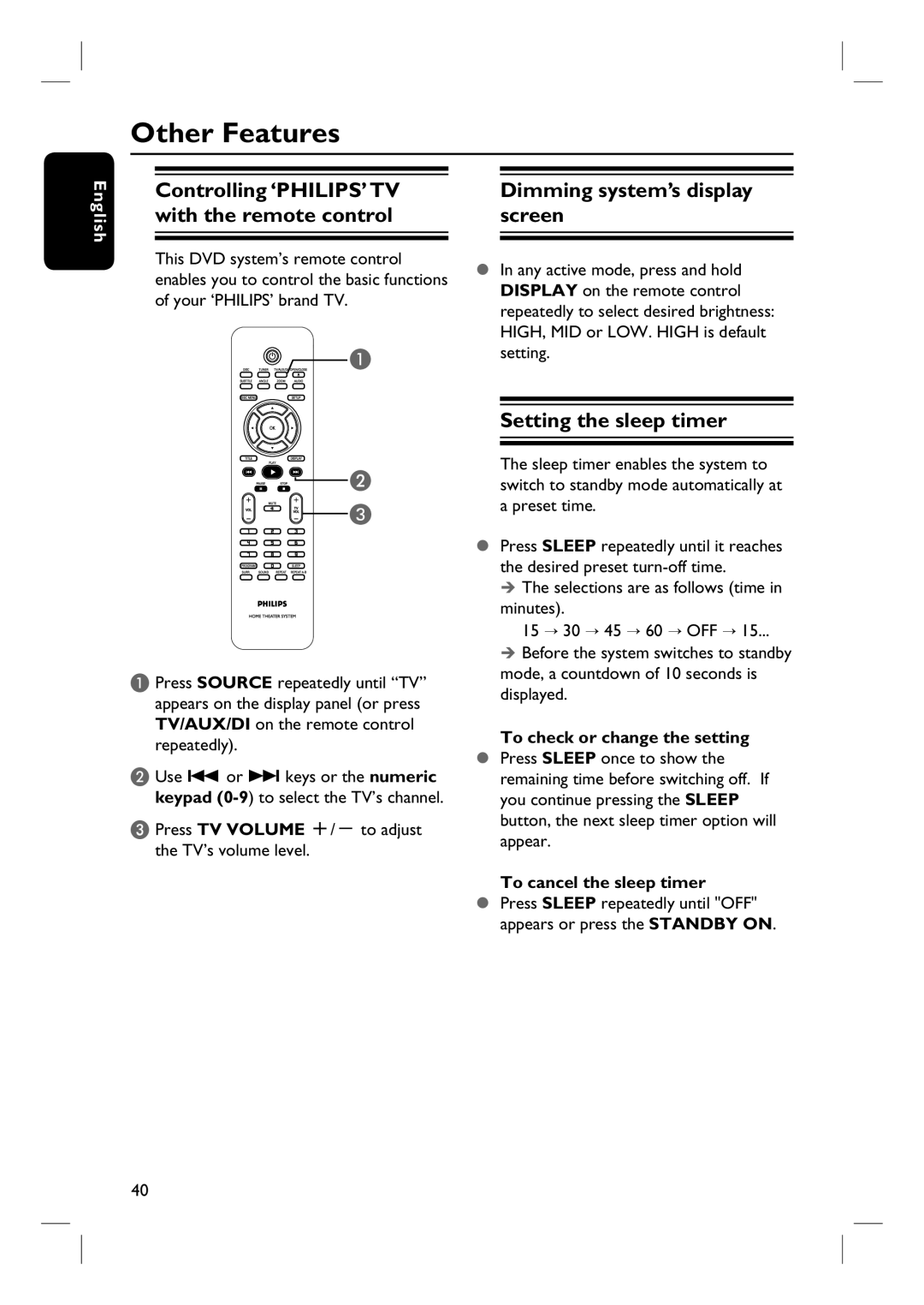 Philips HTS3090/98 Other Features, Controlling ‘PHILIPS’ TV with the remote control, Dimming system’s display screen 