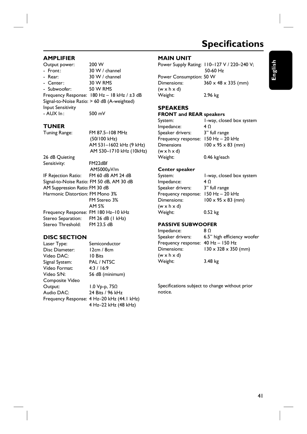 Philips HTS3090/98 user manual Specifications 