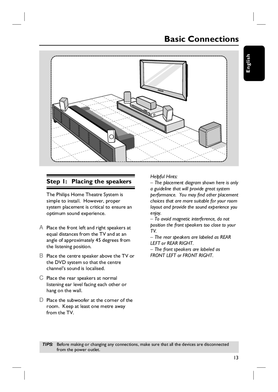 Philips HTS3100 user manual Basic Connections, Placing the speakers 