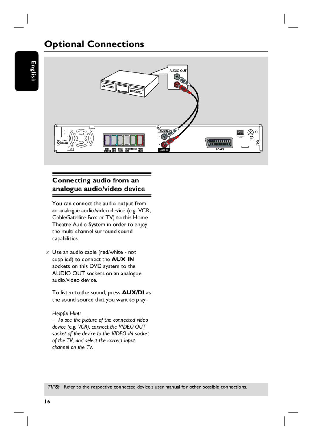 Philips HTS3100 user manual Optional Connections, Connecting audio from an analogue audio/video device 