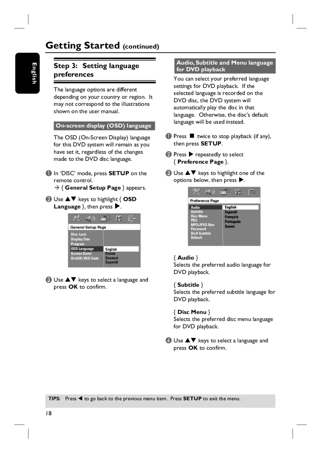 Philips HTS3100 Setting language preferences, On-screen display OSD language, General Setup Page appears, Preference 