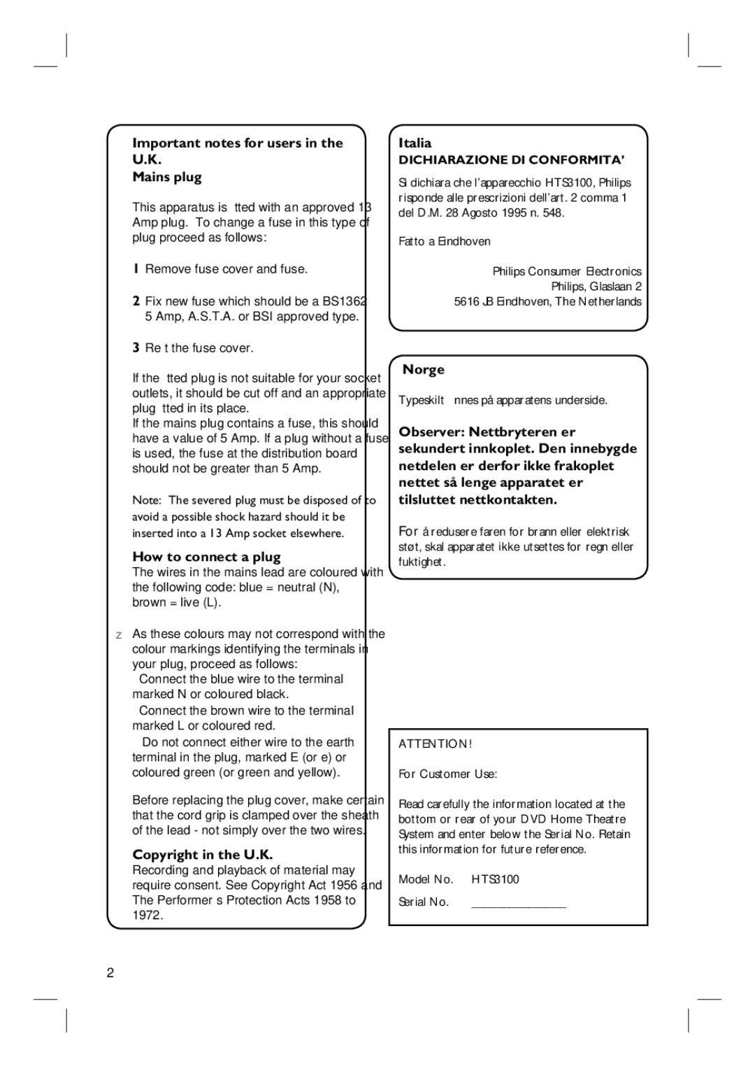 Philips HTS3100 Important notes for users in the U.K Mains plug, How to connect a plug, Copyright in the U.K, Italia 