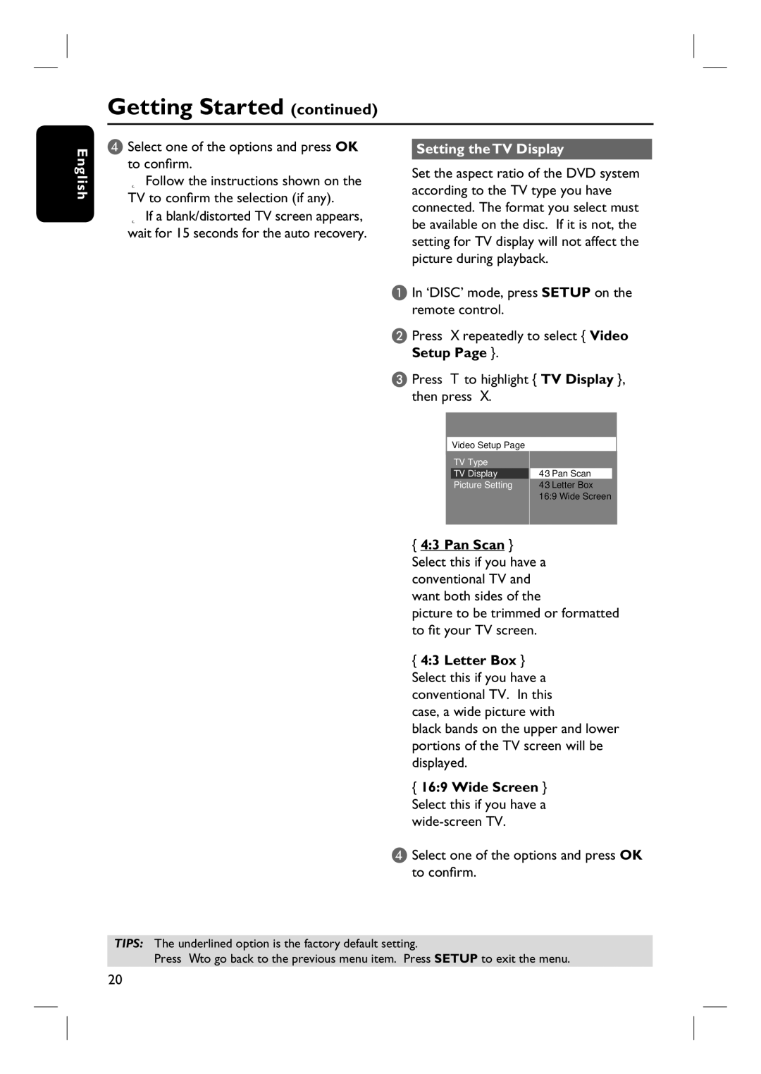 Philips HTS3100 user manual Select one of the options and press OK to confi rm, Setting the TV Display 