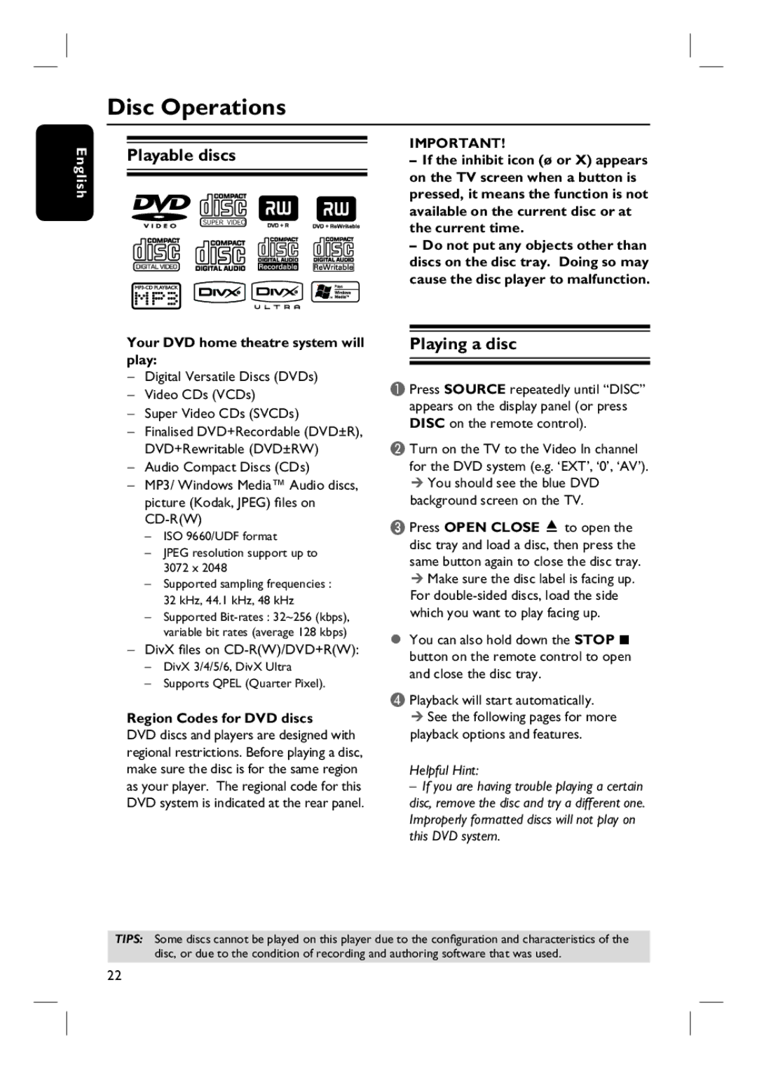 Philips HTS3100 user manual Disc Operations, Playable discs, Playing a disc 