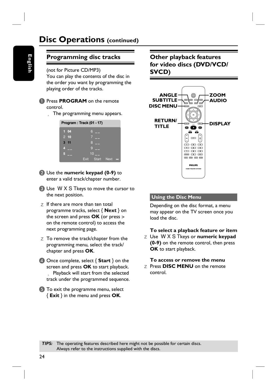 Philips HTS3100 Programming disc tracks, Other playback features for video discs DVD/VCD/ Svcd, Using the Disc Menu 