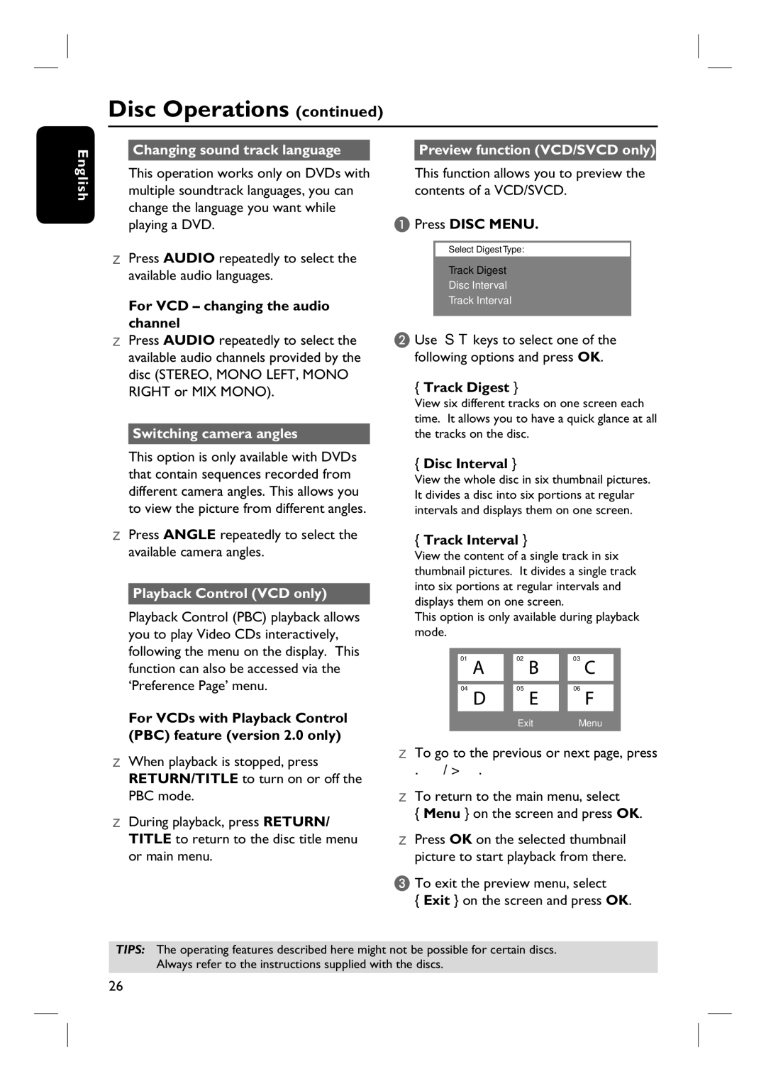 Philips HTS3100 user manual English Changing sound track language, Switching camera angles, Playback Control VCD only 