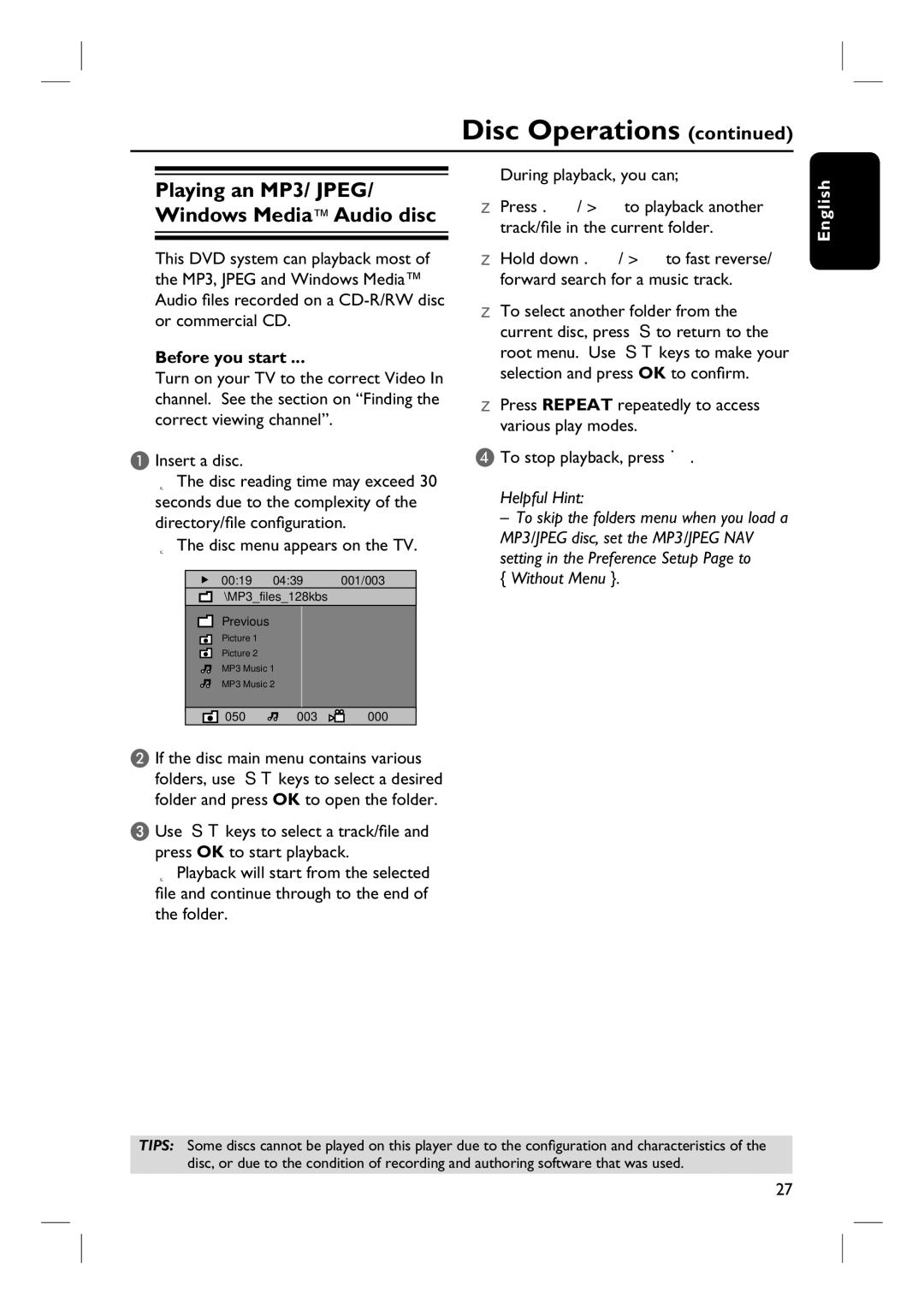 Philips HTS3100 user manual Insert a disc, Disc menu appears on the TV 