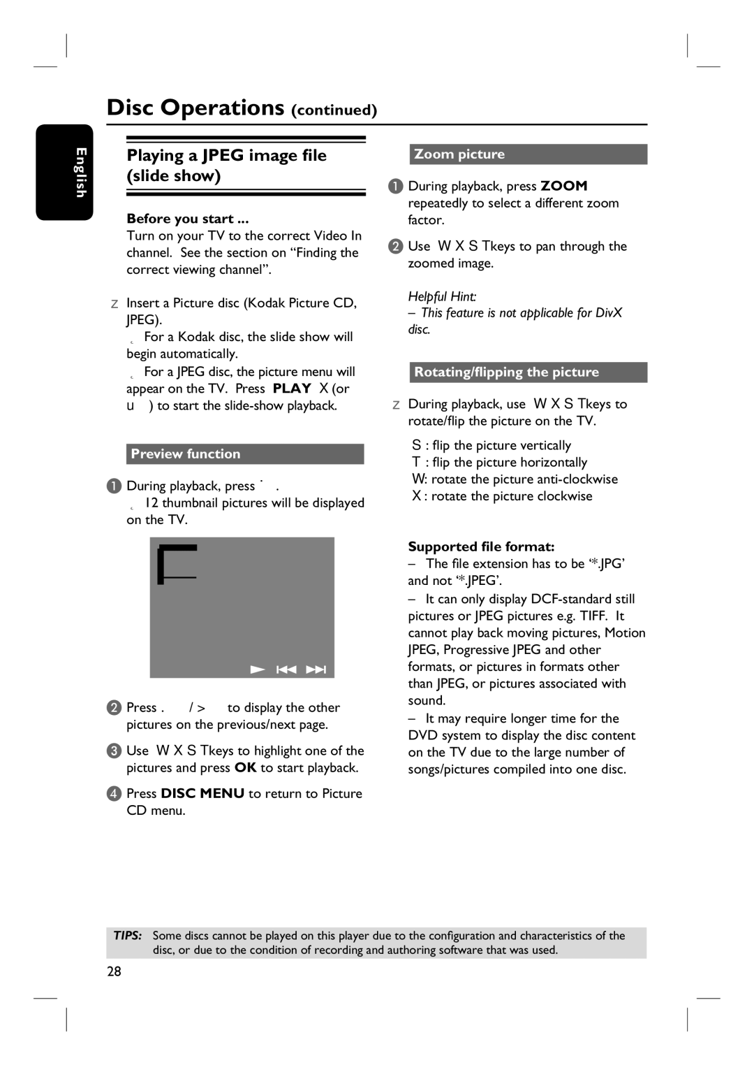 Philips HTS3100 Playing a Jpeg image file slide show, Preview function, Zoom picture, Rotating/flipping the picture 