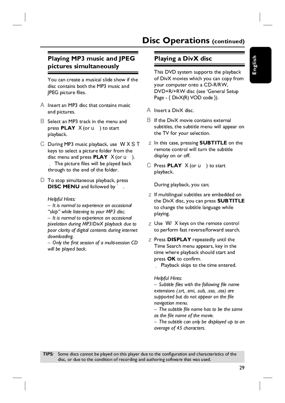 Philips HTS3100 user manual Playing a DivX disc, Playback skips to the time entered 