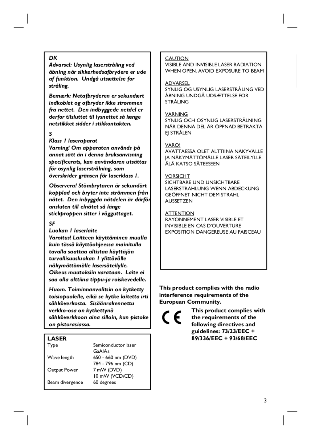 Philips HTS3100 user manual Klass 1 laseraparat, English 