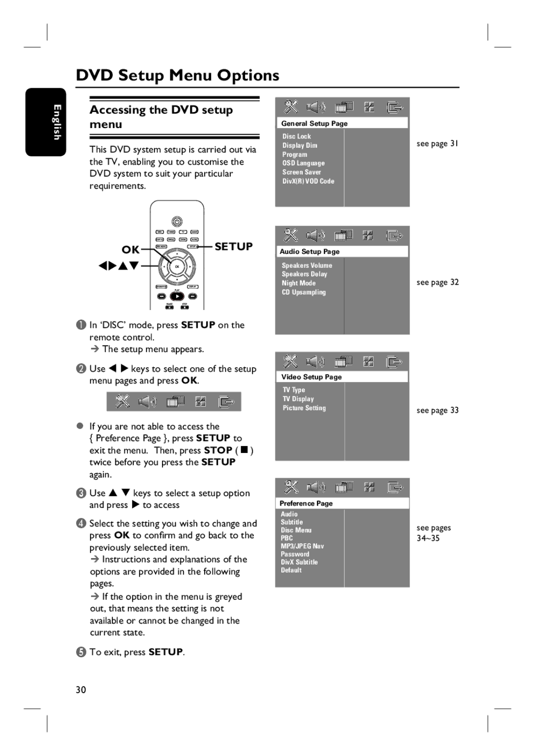 Philips HTS3100 user manual DVD Setup Menu Options, Accessing the DVD setup menu 