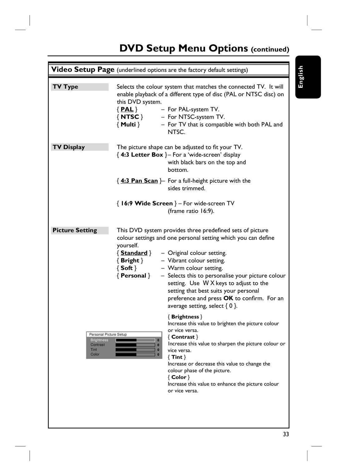 Philips HTS3100 user manual TV Type, TV Display, Pan Scan, Soft 