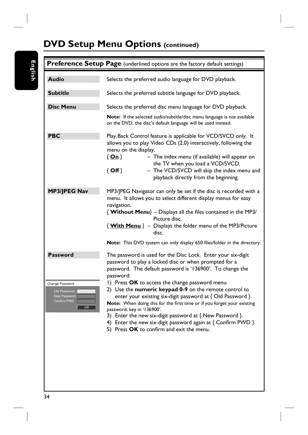 Philips HTS3100 user manual MP3/JPEG Nav Password, TV when you load a VCD/SVCD, Off, Playback directly from the beginning 