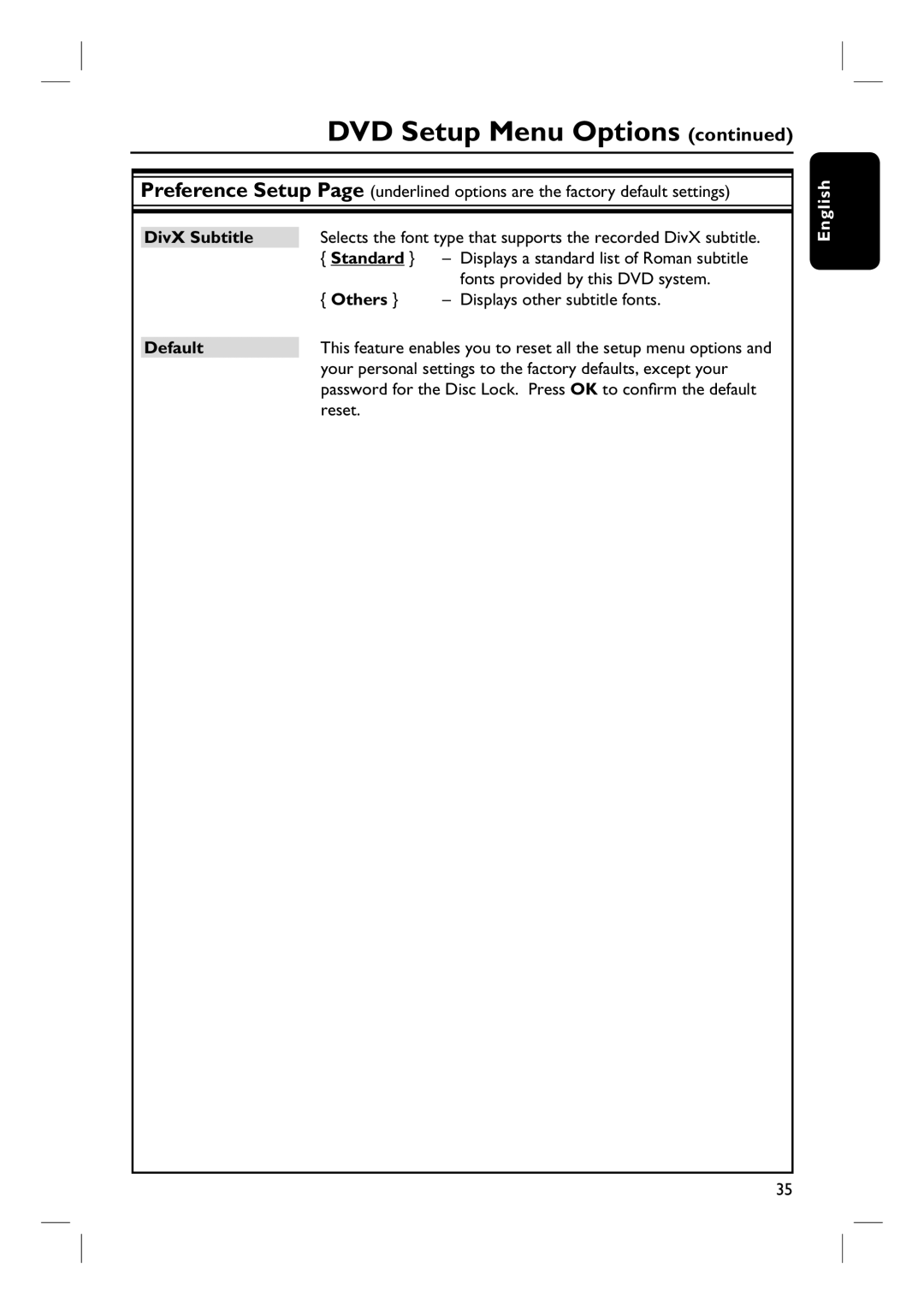 Philips HTS3100 user manual DivX Subtitle, Standard, Others, Default 