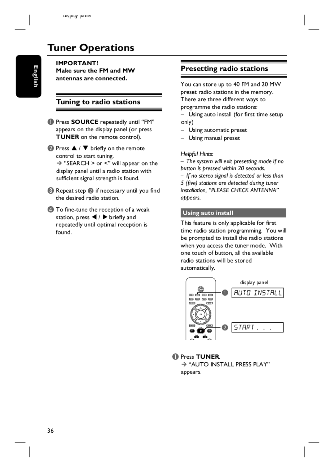 Philips HTS3100 user manual Tuner Operations, Tuning to radio stations, Presetting radio stations, Using auto install 