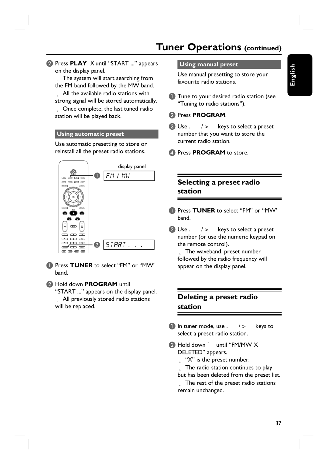 Philips HTS3100 user manual Selecting a preset radio station, Deleting a preset radio station, Using automatic preset 