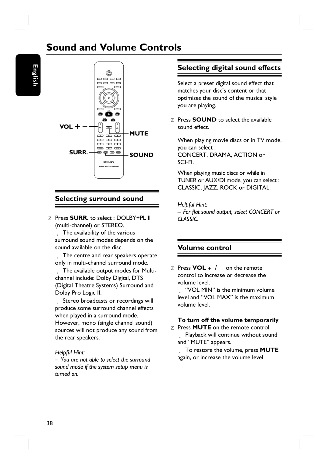 Philips HTS3100 Sound and Volume Controls, Selecting surround sound, Selecting digital sound effects, Volume control 