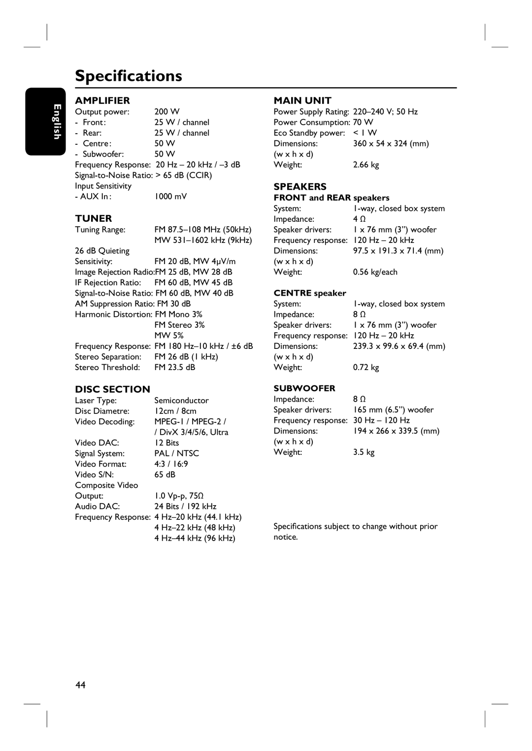 Philips HTS3100 user manual Specifications, Amplifier 