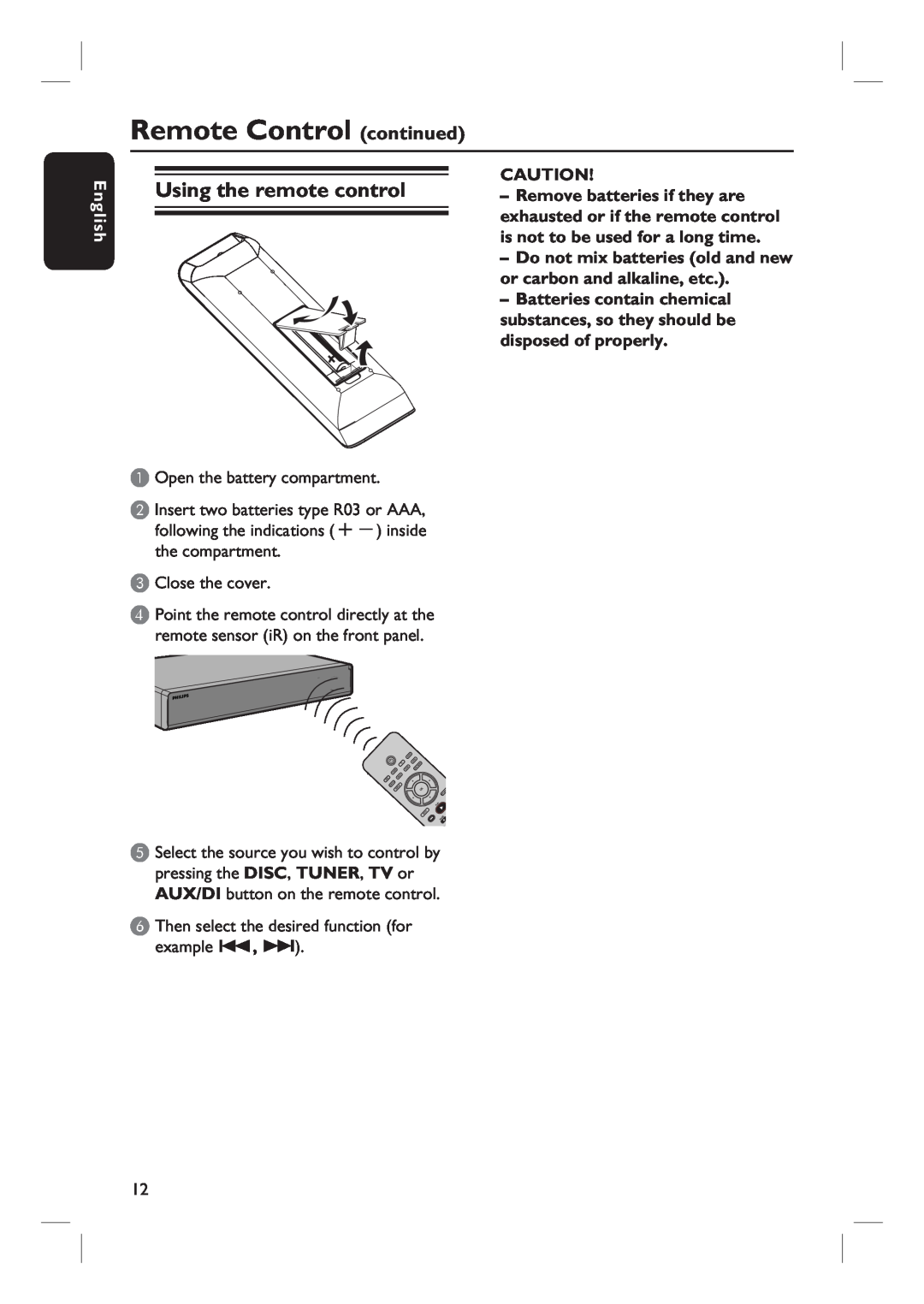 Philips HTS3100 user manual Using the remote control, Remote Control continued, English 