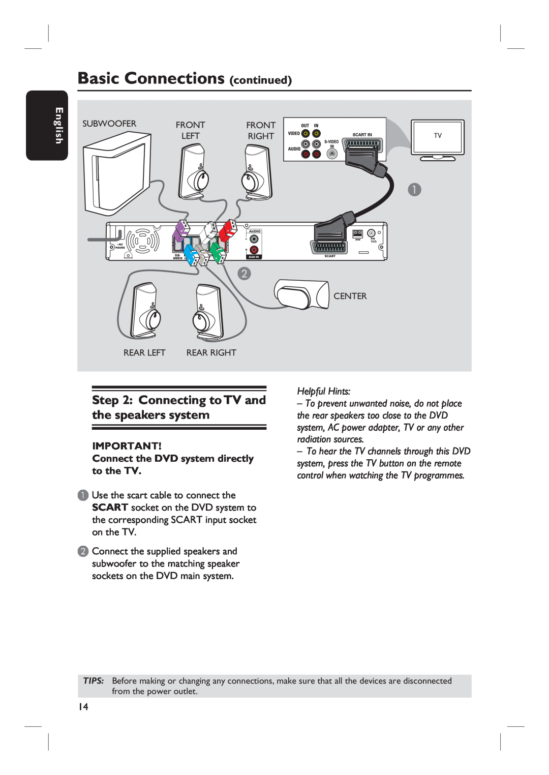 Philips HTS3100 user manual Basic Connections continued, Connecting to TV and the speakers system, English, Helpful Hints 