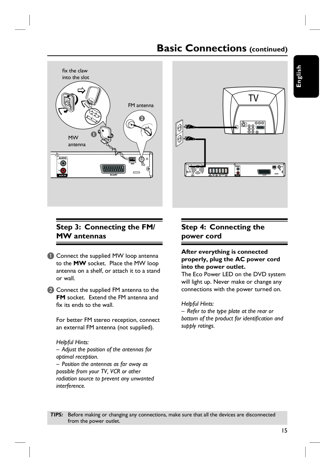Philips HTS3100 user manual Connecting the FM/ MW antennas, Connecting the power cord, Basic Connections continued, English 