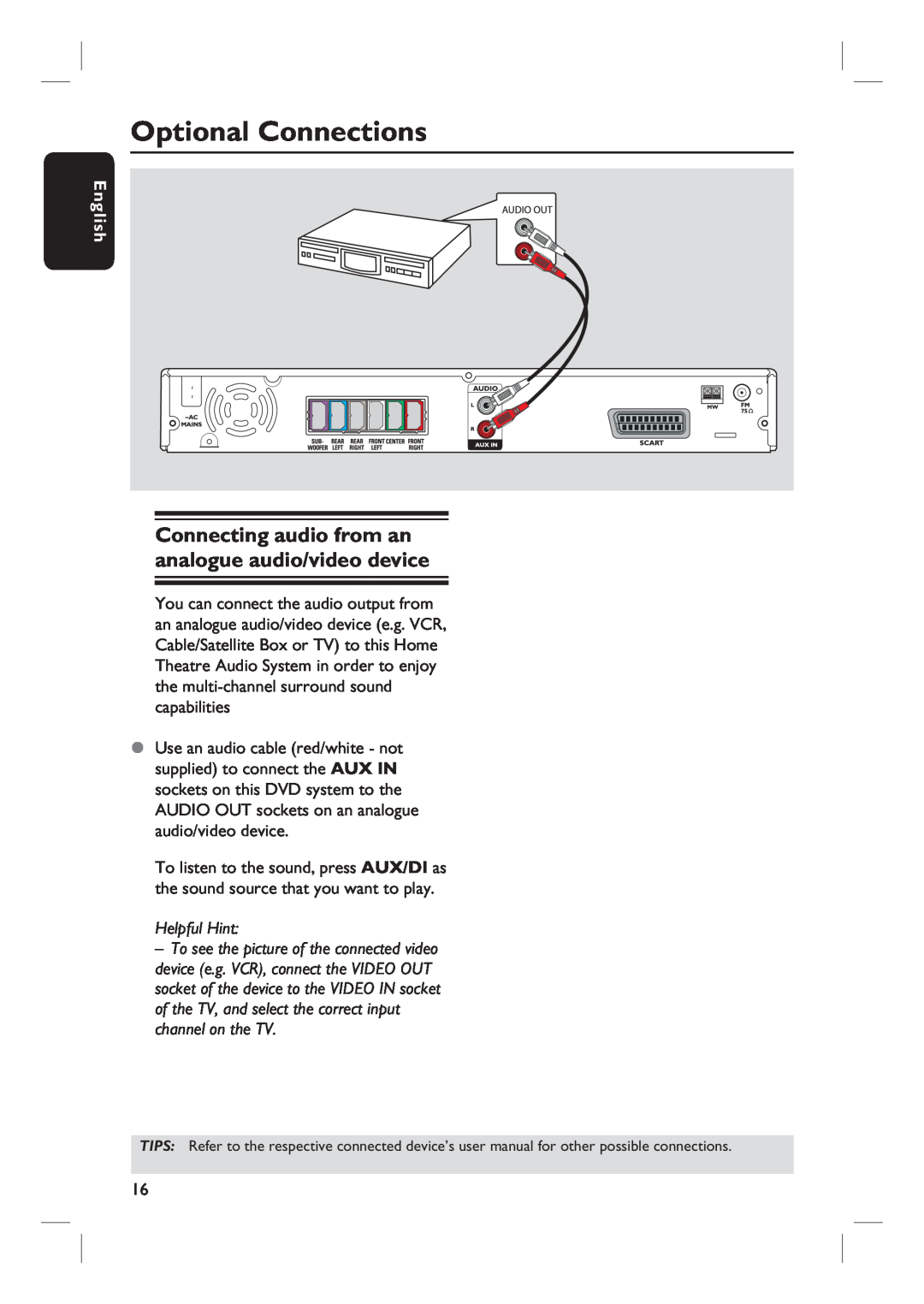 Philips HTS3100 user manual Optional Connections, Helpful Hint, English 