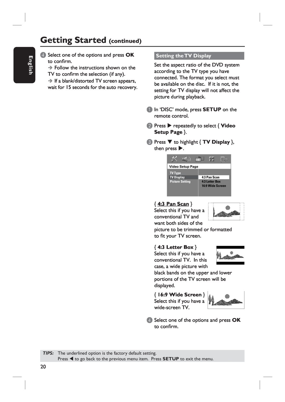 Philips HTS3100 user manual Setting the TV Display, Getting Started continued, English 