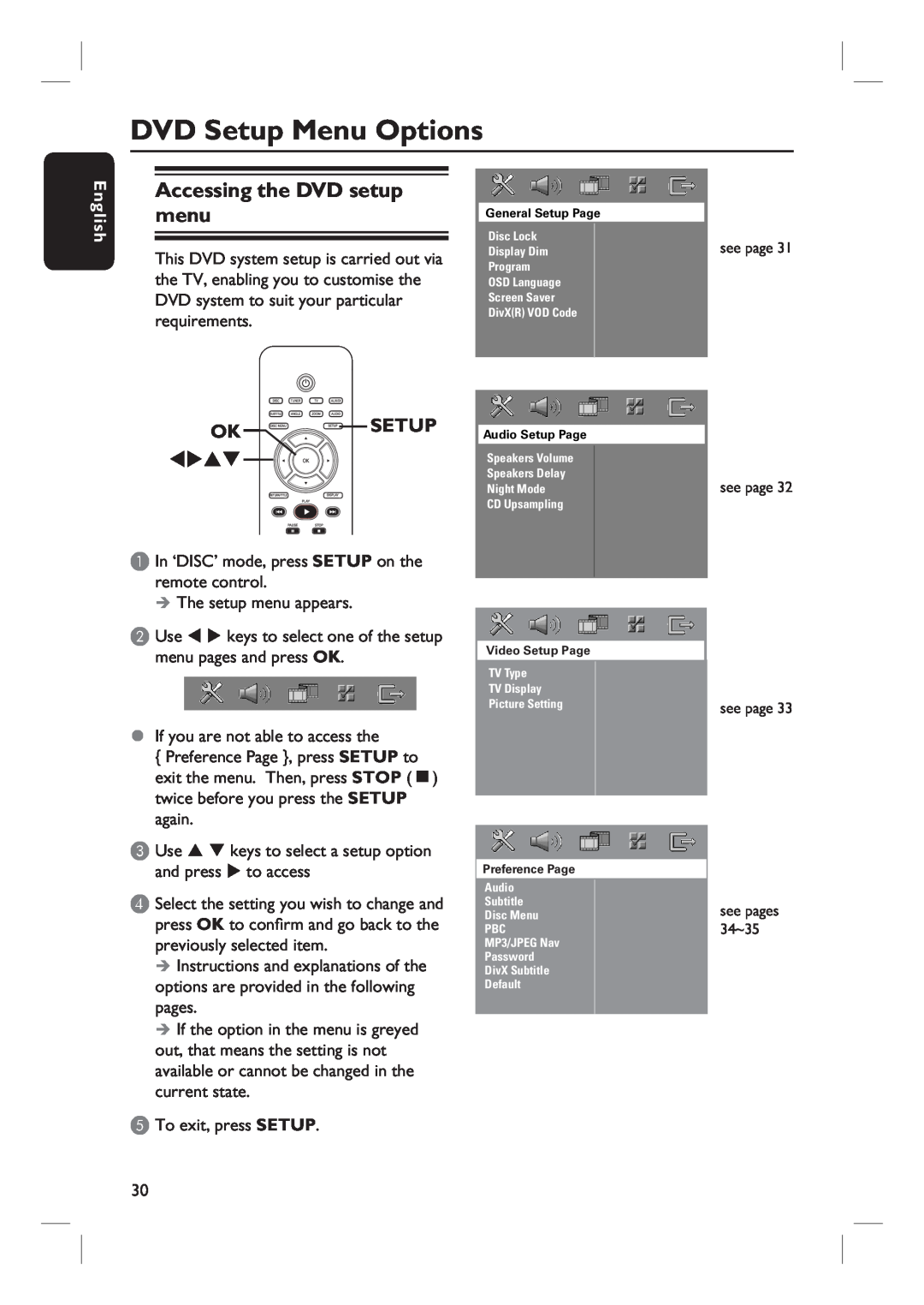 Philips HTS3100 user manual DVD Setup Menu Options, Accessing the DVD setup menu, Oksetup, English 