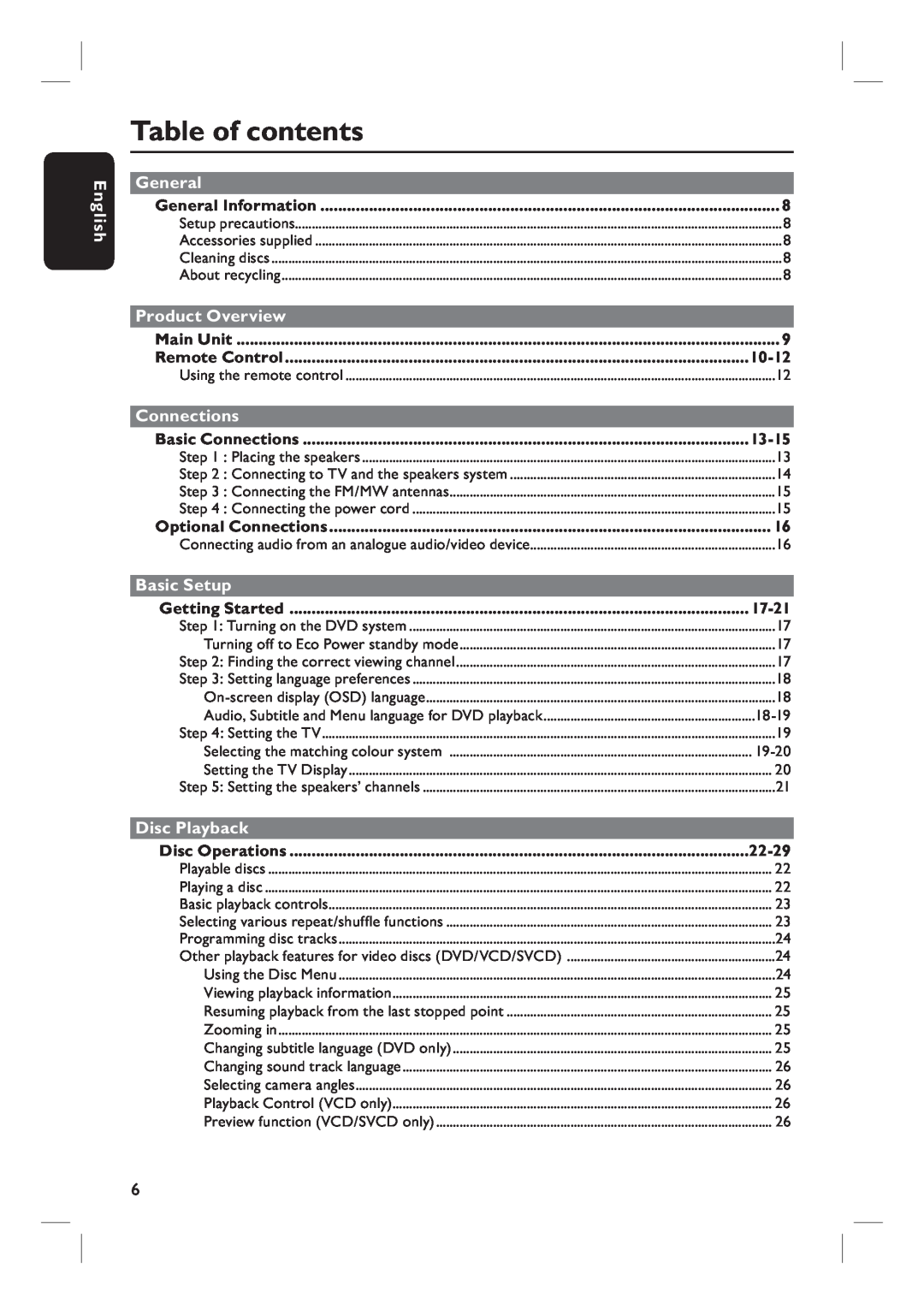 Philips HTS3100 user manual Table of contents, General, Product Overview, Connections, Basic Setup, Disc Playback, English 