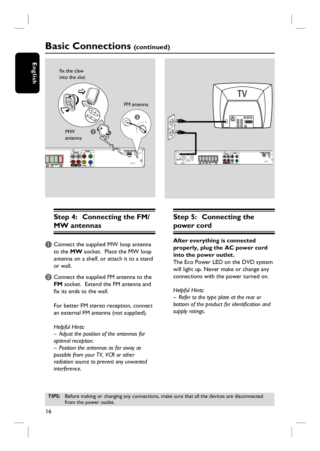 Philips HTS3101/93 user manual Connecting the FM/ MW antennas, Connecting the power cord 