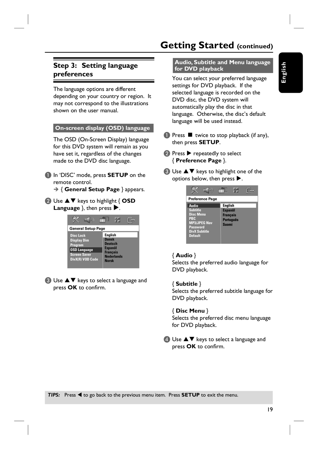 Philips HTS3101/93 Setting language preferences, On-screen display OSD language, General Setup Page appears, Preference 